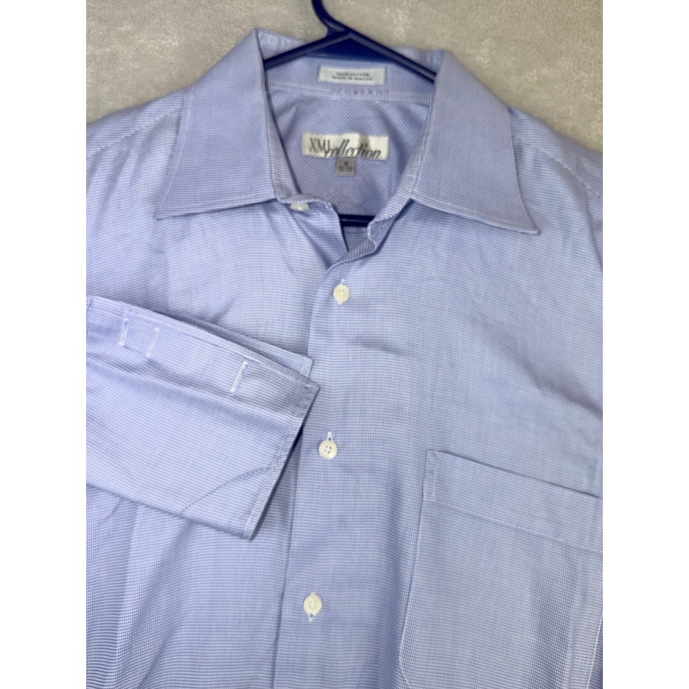 XMI Platinum Mens 16X32/33 French Cuff Blue Micro Houndstooth Cotton Dress Shirt